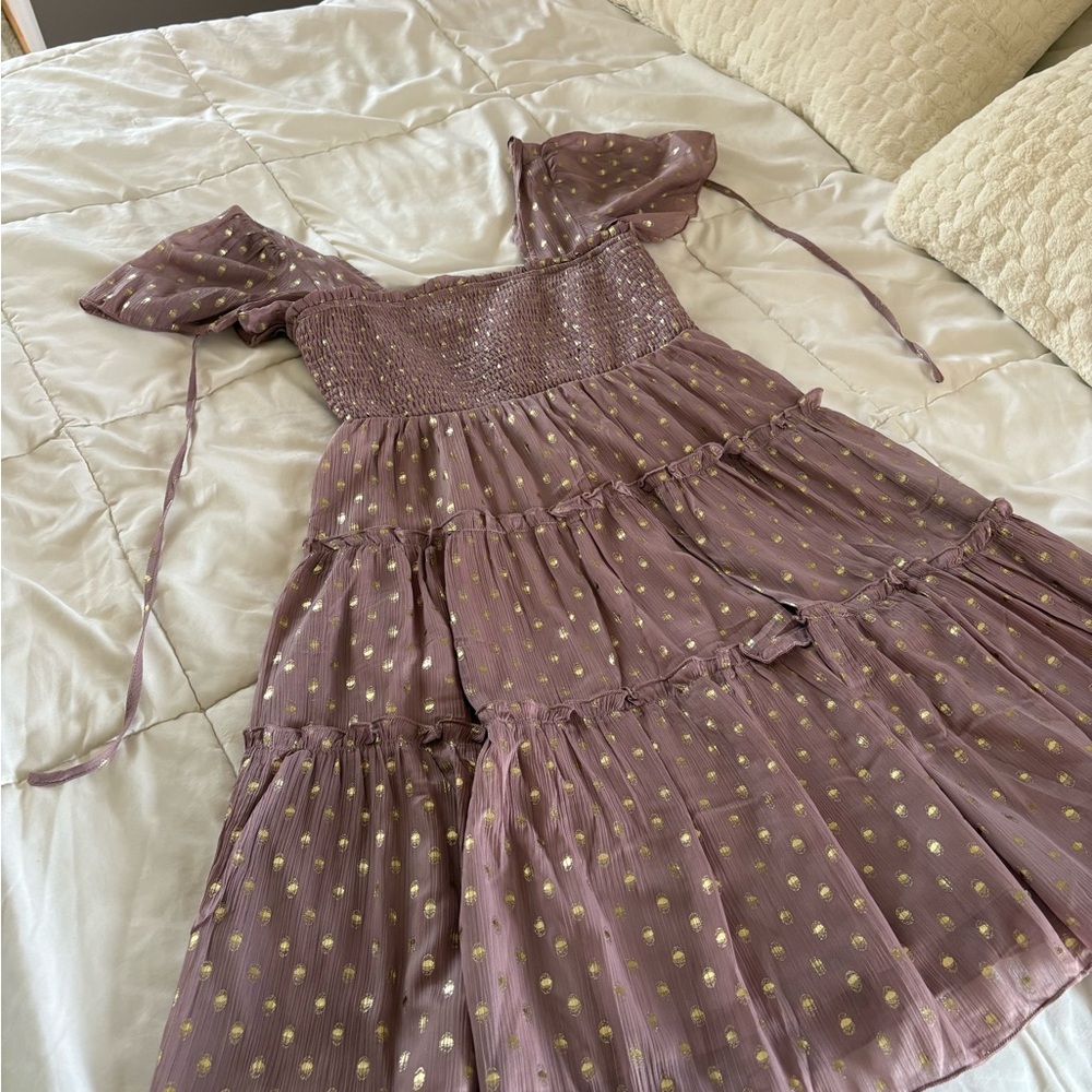 Polka Dot Tiered Dress in Mauve and Gold